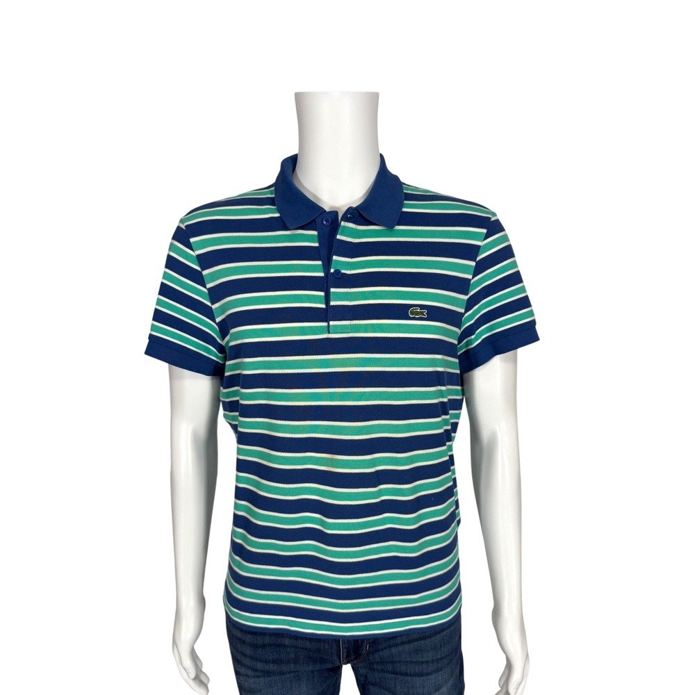 Lacoste Mens Regular Fit Striped Polo Shirt Blue Green White Cotton Size 5 (M)